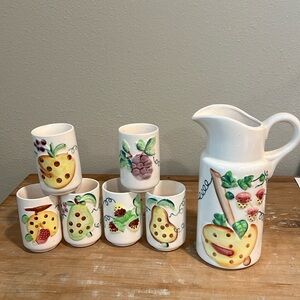Vintage 1950s ceramic fruit pitcher and 6 glasses Japan